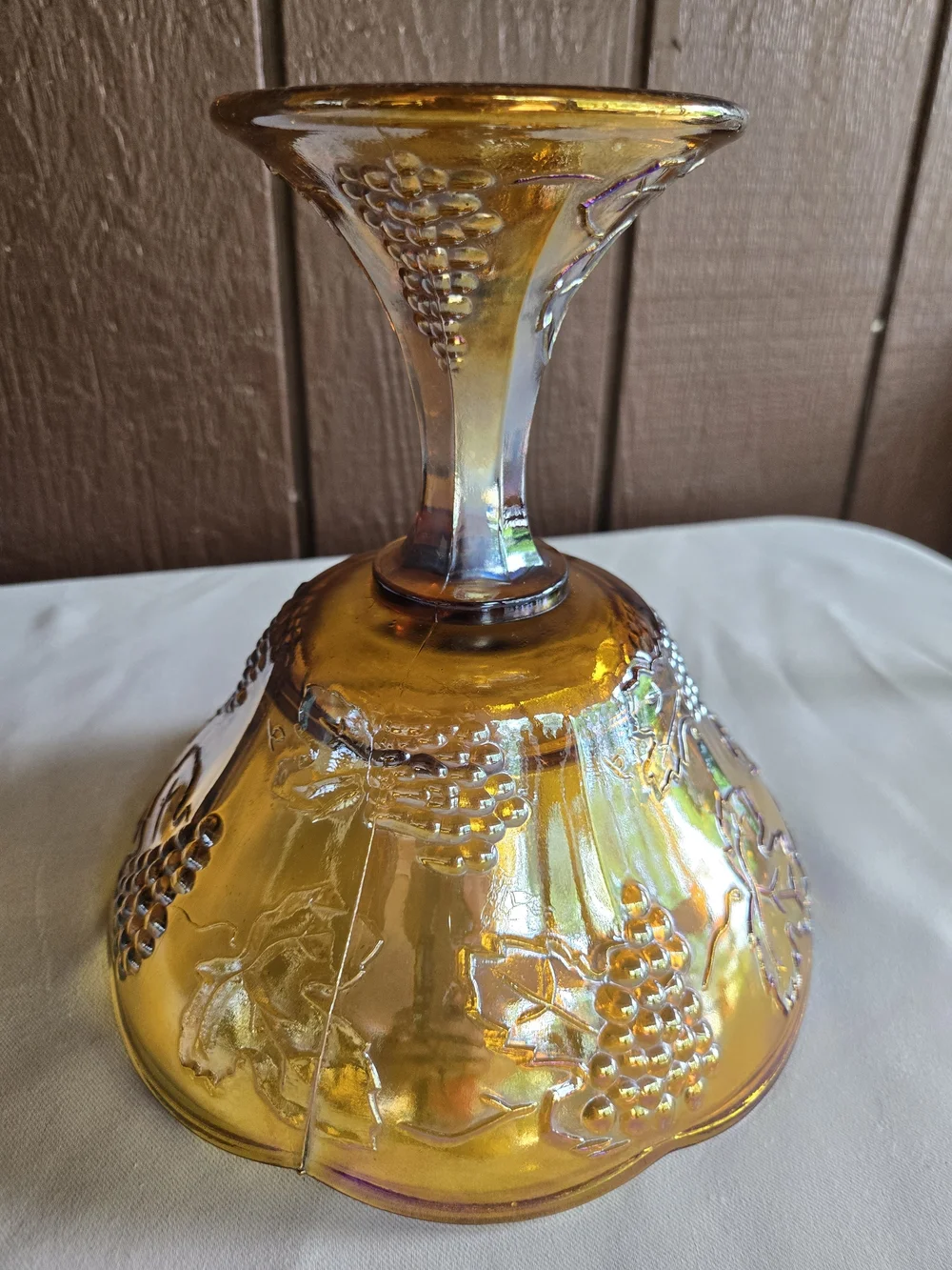 Vintage Indiana Marigold Amber Carnival Glass Harvest Grape Design Compote